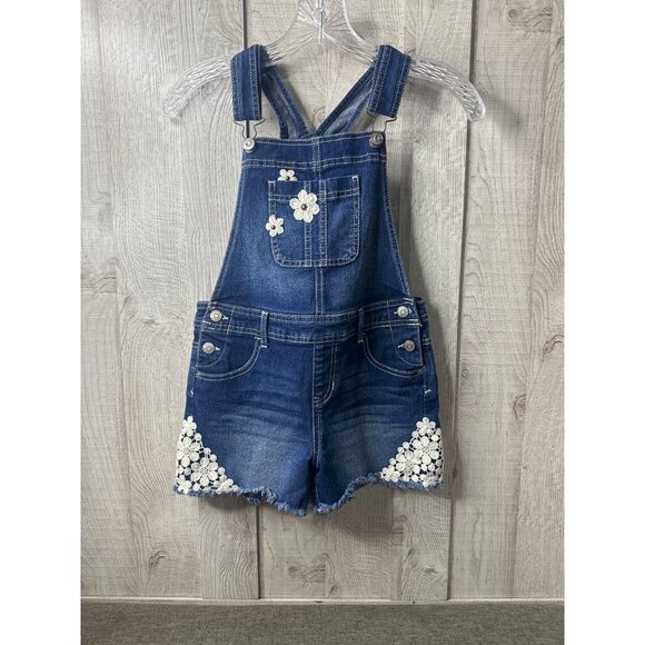 Jordache Girls Denim Overall Shorts L 10-12 Blue With Floral Embroidery - Picture 1 of 7